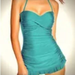 Kenneth Cole Teal Ruched One Piece Dress Swimsuit